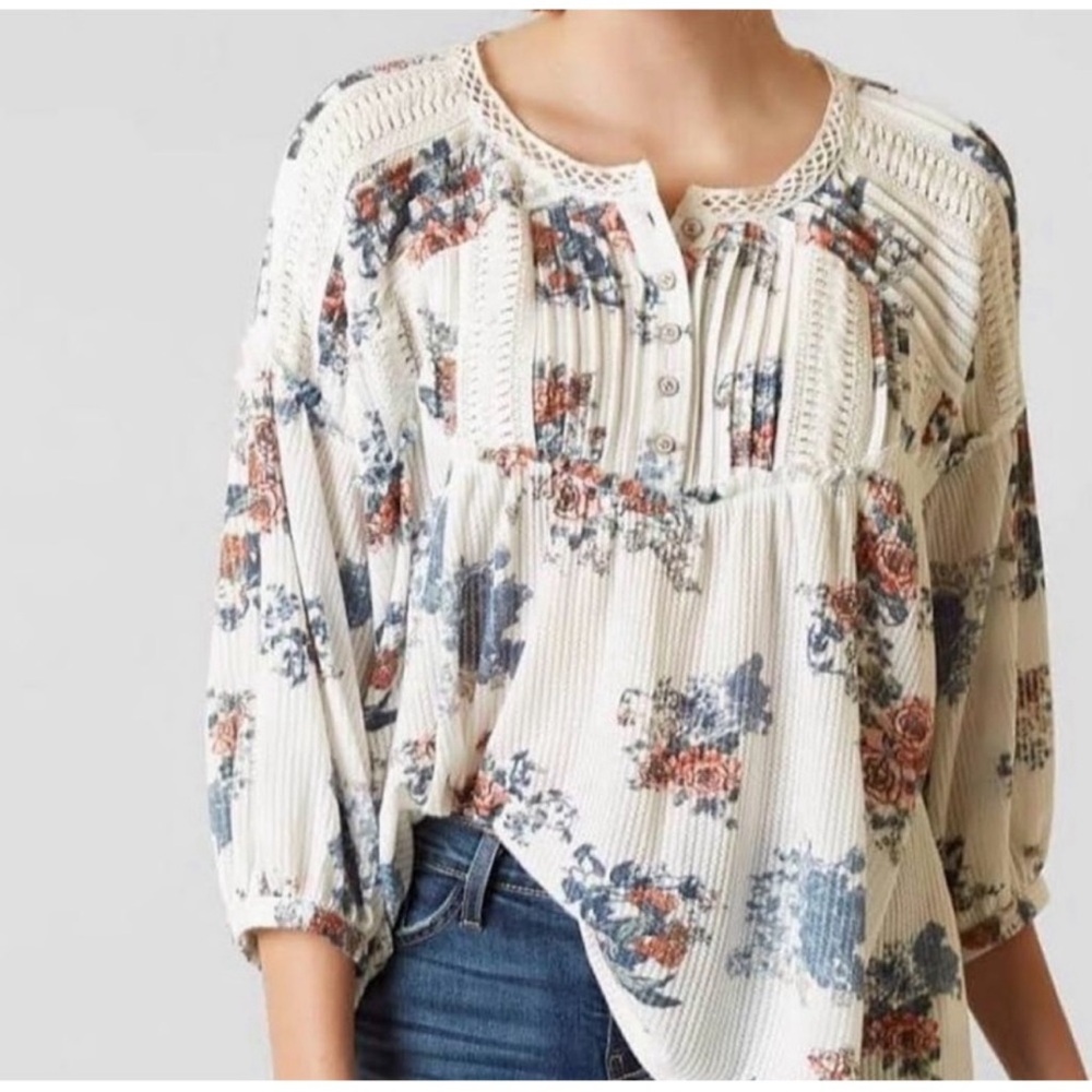 gimmicks by BKE Cream Floral Crochet-Yoke Peasant Top with Blue & Rust Accents